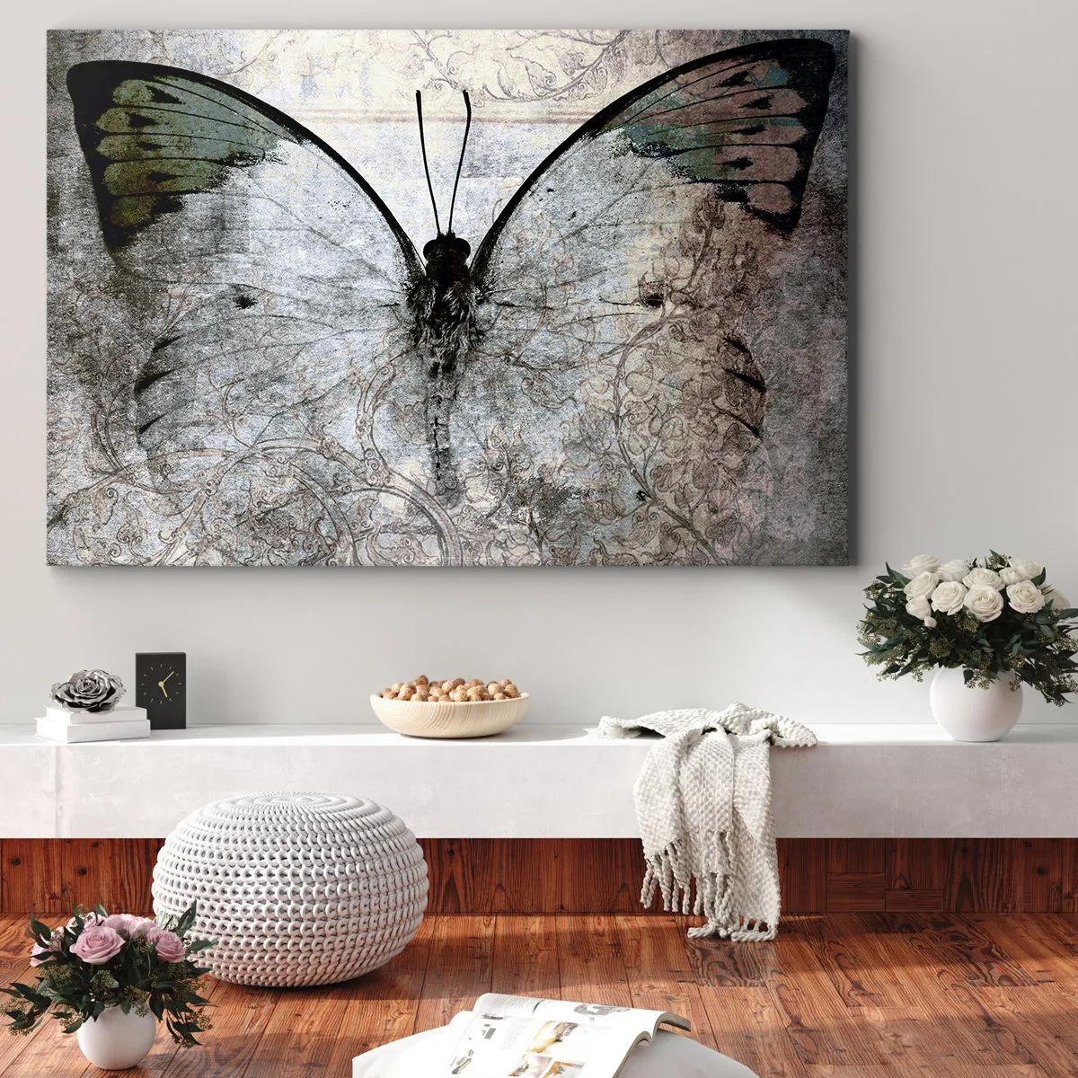 Tablou pe pânză Canvas - Un fluture în nuanțe de verde și gri pe un fundal decorativ - 70x50cm - În decorul Art Nouveau - Decorațiune modernă pentru perete pentru living și dormitor ARTTOR