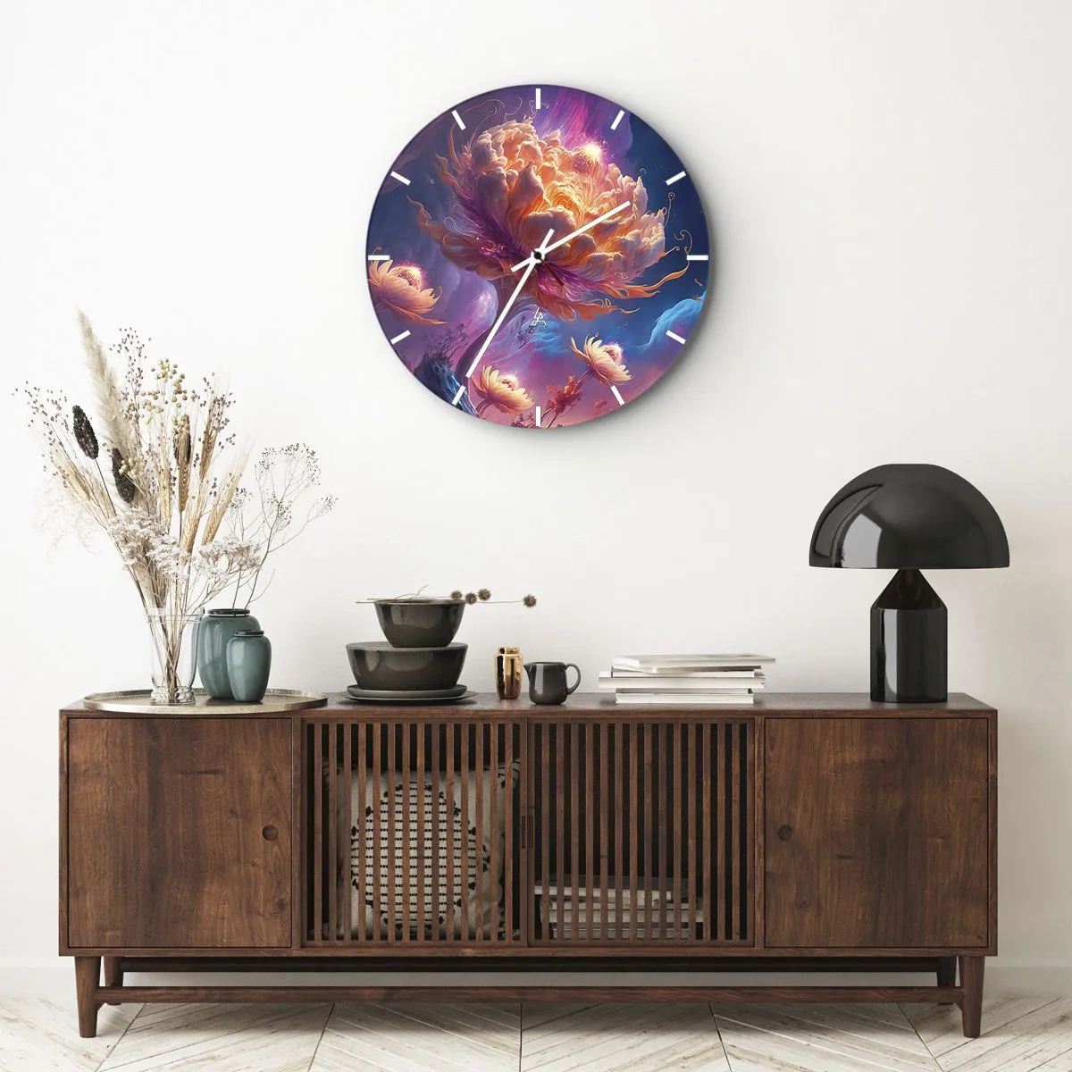 Ceas de perete - Ceas pe sticlă - O floare fantastică iluminată într-un peisaj cosmic - 30x30cm - O altă lume - Decorațiune modernă pentru perete pentru living, bucătărie și dormitor ARTTOR