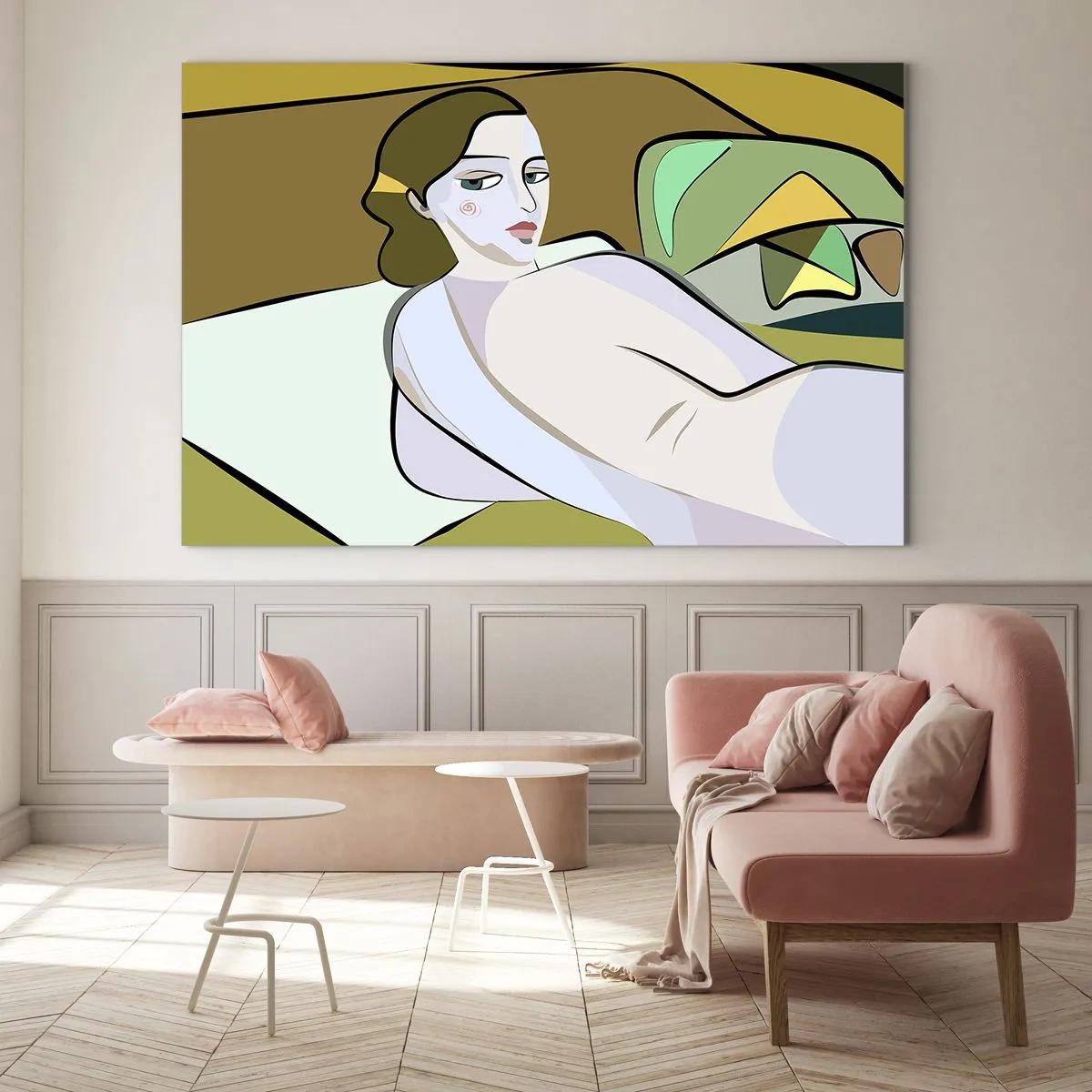 Tablou pe sticlă - Siluetă feminină într-un stil abstract cu un fundal geometric - 70x50cm - Portret intim - Decorațiune modernă pentru perete pentru living și dormitor ARTTOR