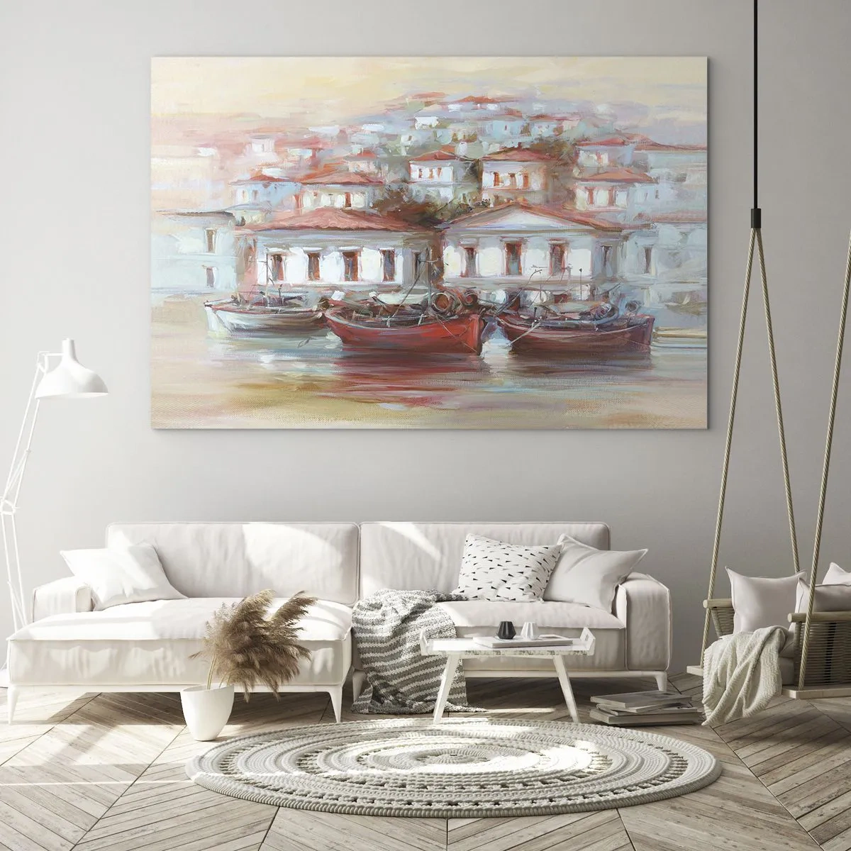 Tablou pe sticlă - Un oraș pitoresc cu bărci în port la apus - 70x50cm - Orășel fericit - Decorațiune modernă pentru perete pentru living și dormitor ARTTOR