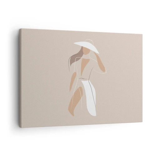 Tablou pe pânză Canvas - Un desen minimalist al unei femei cu pălărie pe un fundal bej. - 70x50cm - Moda este distractivă - Decorațiune modernă pentru perete pentru living și dormitor ARTTOR