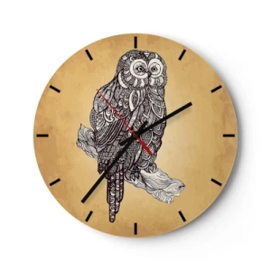 Ceas de perete - Ceas pe sticlă - O bufniță artistică pe un fundal bej cu un model complex - 30x30cm - Ornamente complicate de înțelepciune - Decorațiune modernă pentru perete pentru living, bucătărie și dormitor ARTTOR