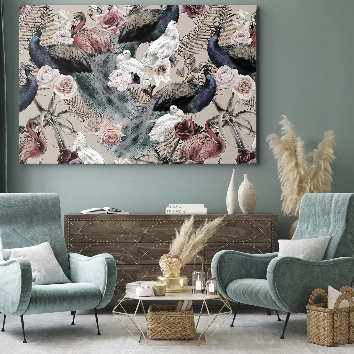 Tablou pe pânză Canvas - Un peisaj cu pene de păun, trandafiri și păsări într-un stil romantic. - 70x50cm - În grădina palatului - Decorațiune modernă pentru perete pentru living și dormitor ARTTOR