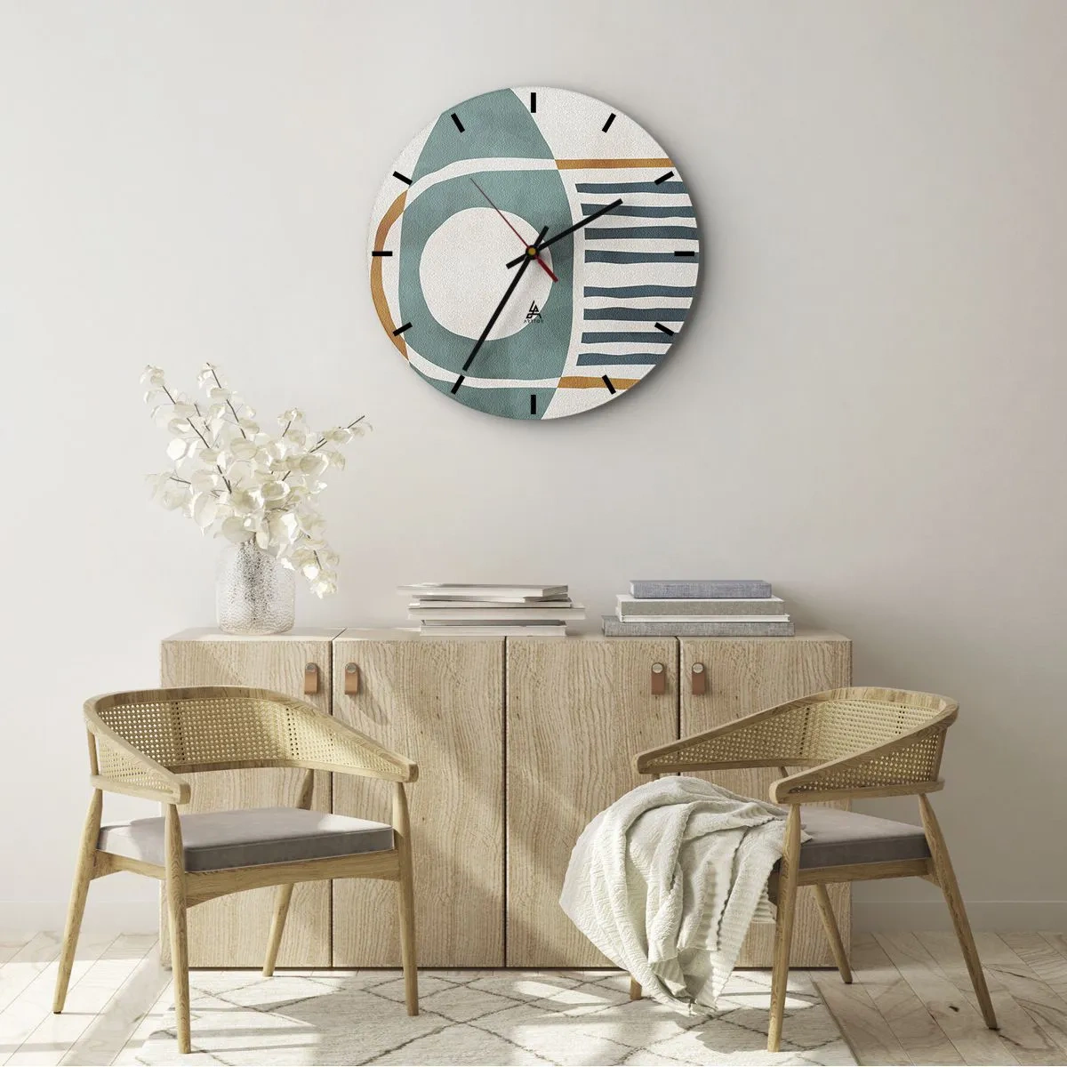Ceas de perete - Ceas pe sticlă - Motiv etnic geometric cu linii și cercuri - 30x30cm - Semne și ritualuri - Decorațiune modernă pentru perete pentru living, bucătărie și dormitor ARTTOR