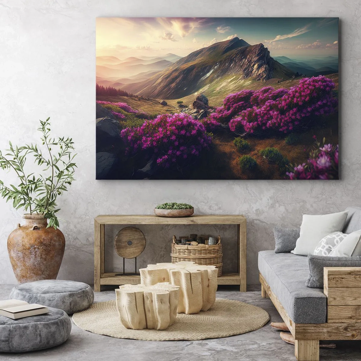 Tablou pe pânză Canvas - Peisaj montan cu rododendroni înfloriți - 70x50cm - Vara la munte - Decorațiune modernă pentru perete pentru living și dormitor ARTTOR