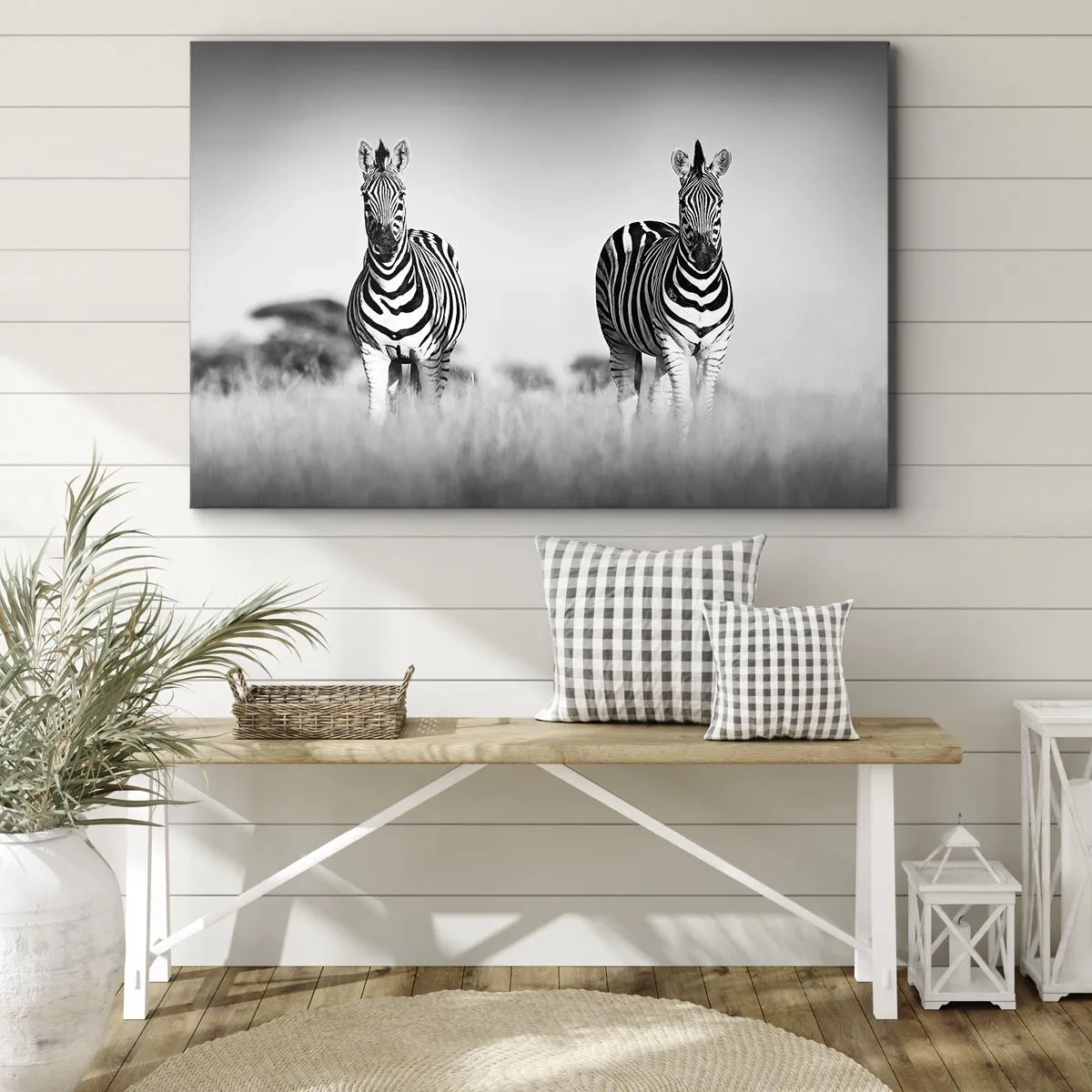 Tablou pe pânză Canvas - Două zebre în savană într-un stil monocromatic - 70x50cm - Și totuși lumea e albă și neagră - Decorațiune modernă pentru perete pentru living și dormitor ARTTOR