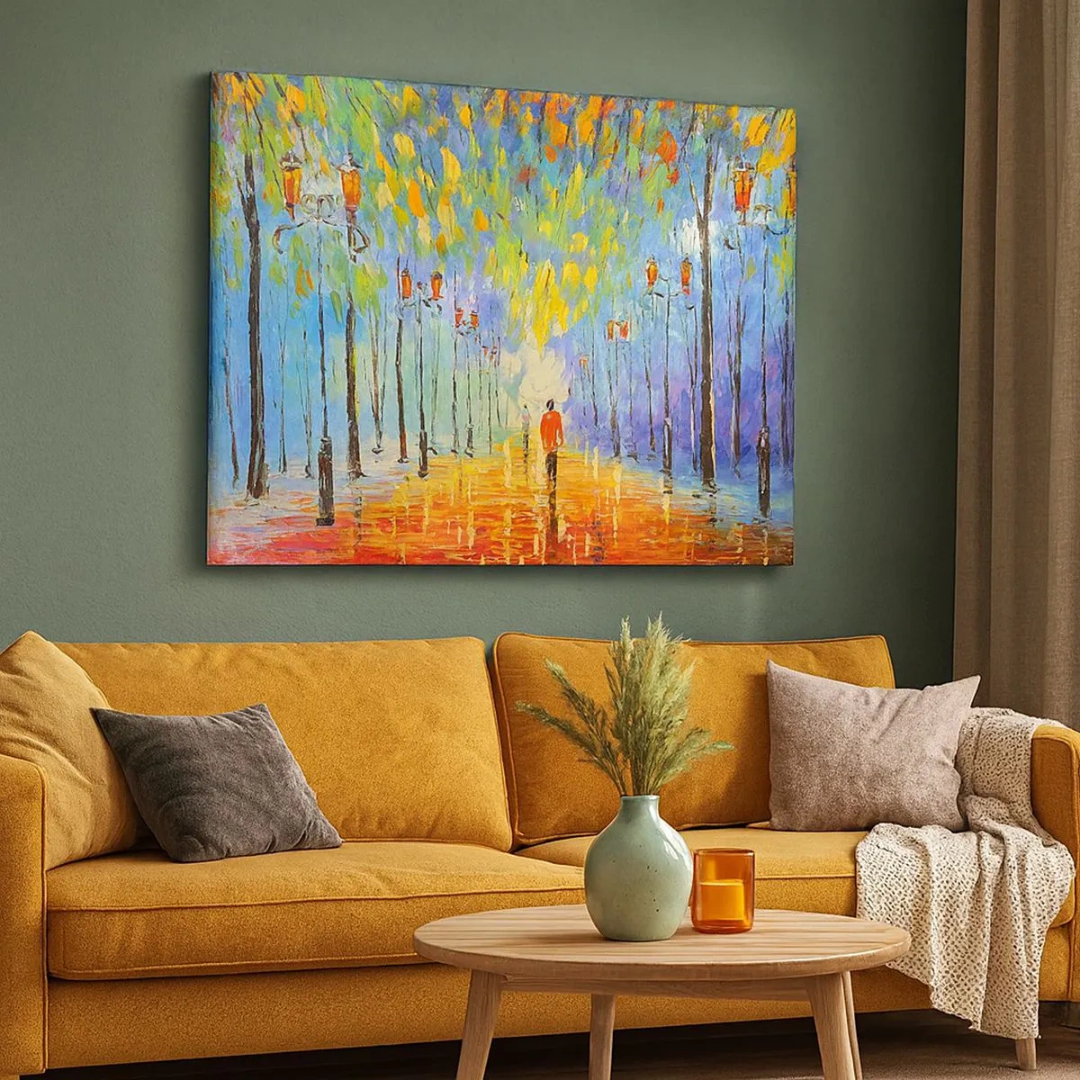 Tablou pe pânză Canvas - O plimbare pitorească printre felinare într-o noapte ploioasă - 70x50cm - Cântecul de noapte al ploii - Decorațiune modernă pentru perete pentru living și dormitor ARTTOR