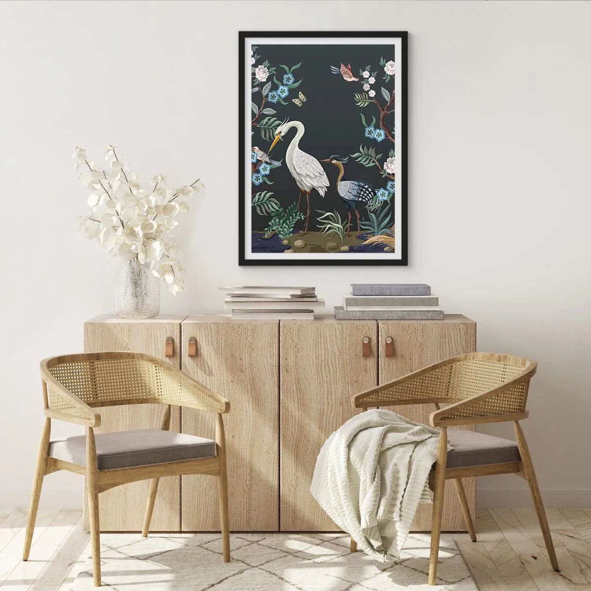 Poster în ramă neagră - Ilustrație cu păsări printre flori pe un fundal întunecat - 50x70cm - Parada păsărilor - Decorațiune modernă pentru perete pentru living și dormitor ARTTOR