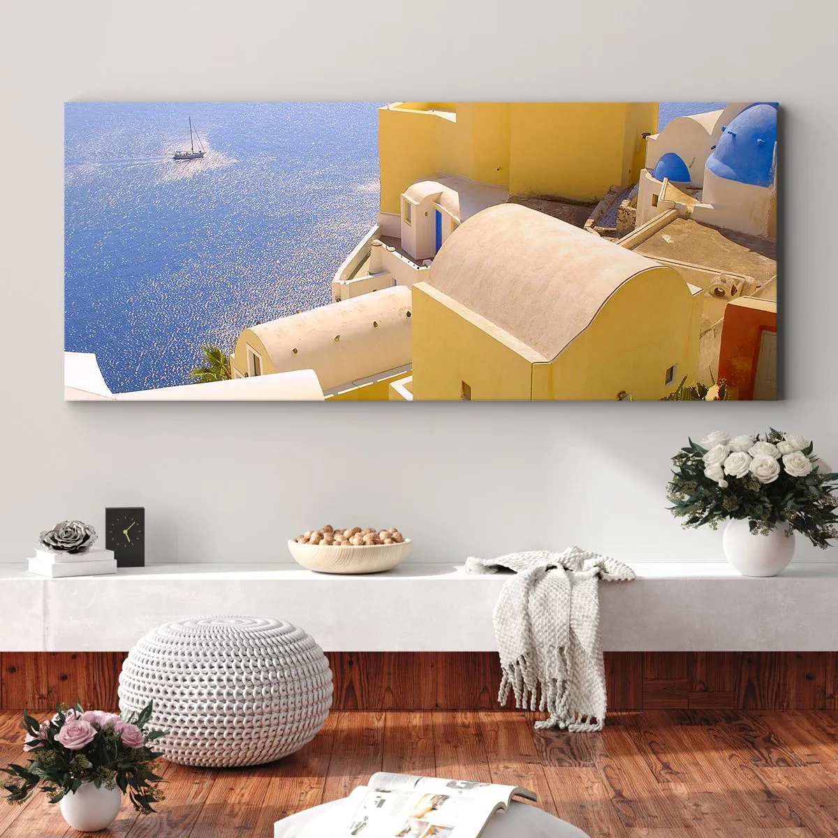 Tablou pe pânză - Peisaj grecesc în alb și albastru - 100x40 cm