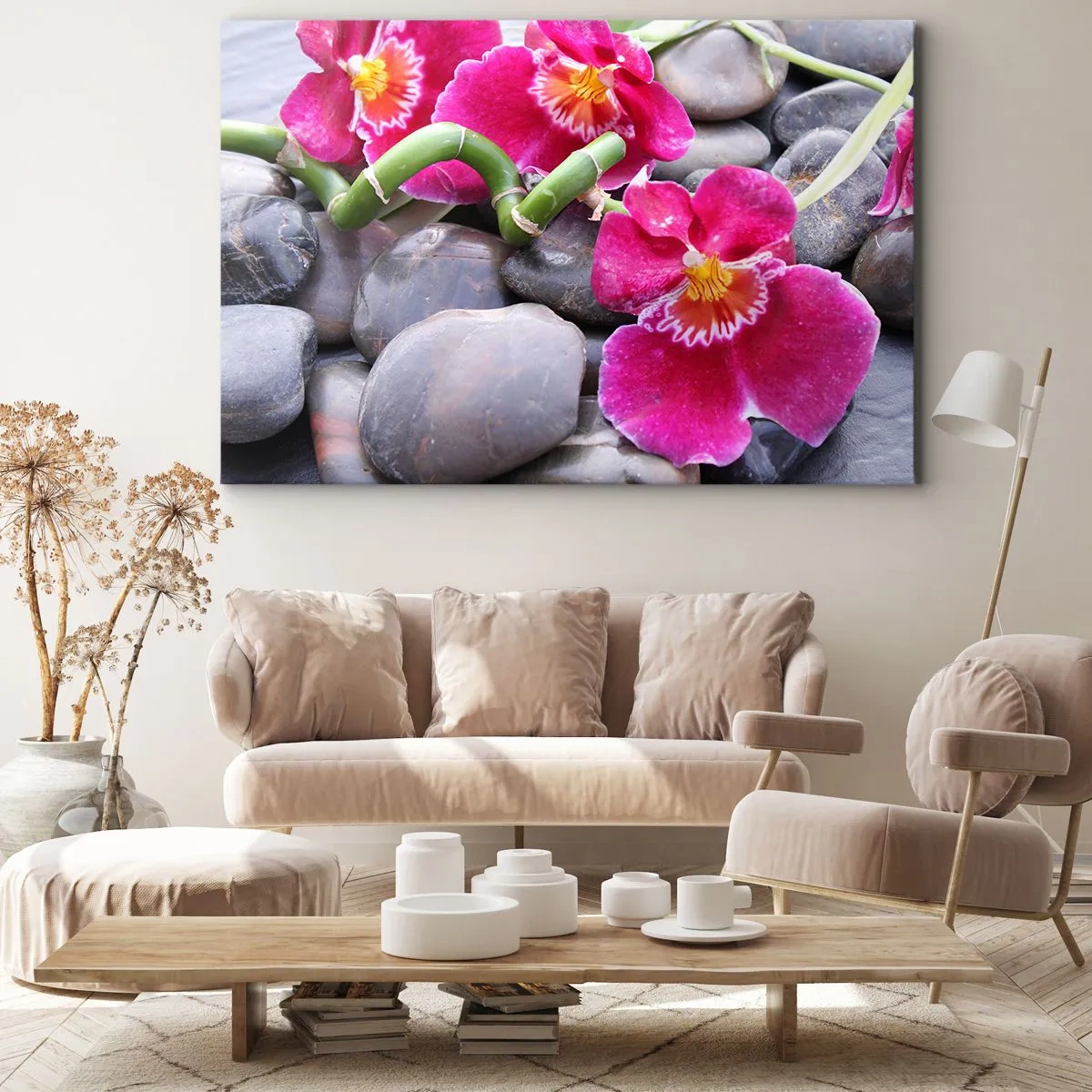 Tablou pe pânză Canvas - Orhidee roz pe un fundal de pietre netede - 70x50cm - Frig și căldură - Decorațiune modernă pentru perete pentru living și dormitor ARTTOR