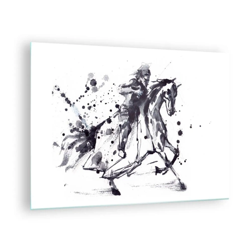 Tablou pe sticlă - Pictură alb-negru a unui călăreț pe un cal într-un stil abstract - 70x50cm - Cavalerul negru - Decorațiune modernă pentru perete pentru living și dormitor ARTTOR