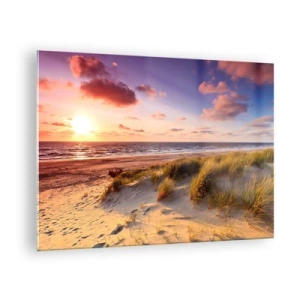 Tablou pe sticlă - Plajă cu dune la apus - 70x50cm - Deja aerul de vară miroase - Decorațiune modernă pentru perete pentru living și dormitor ARTTOR