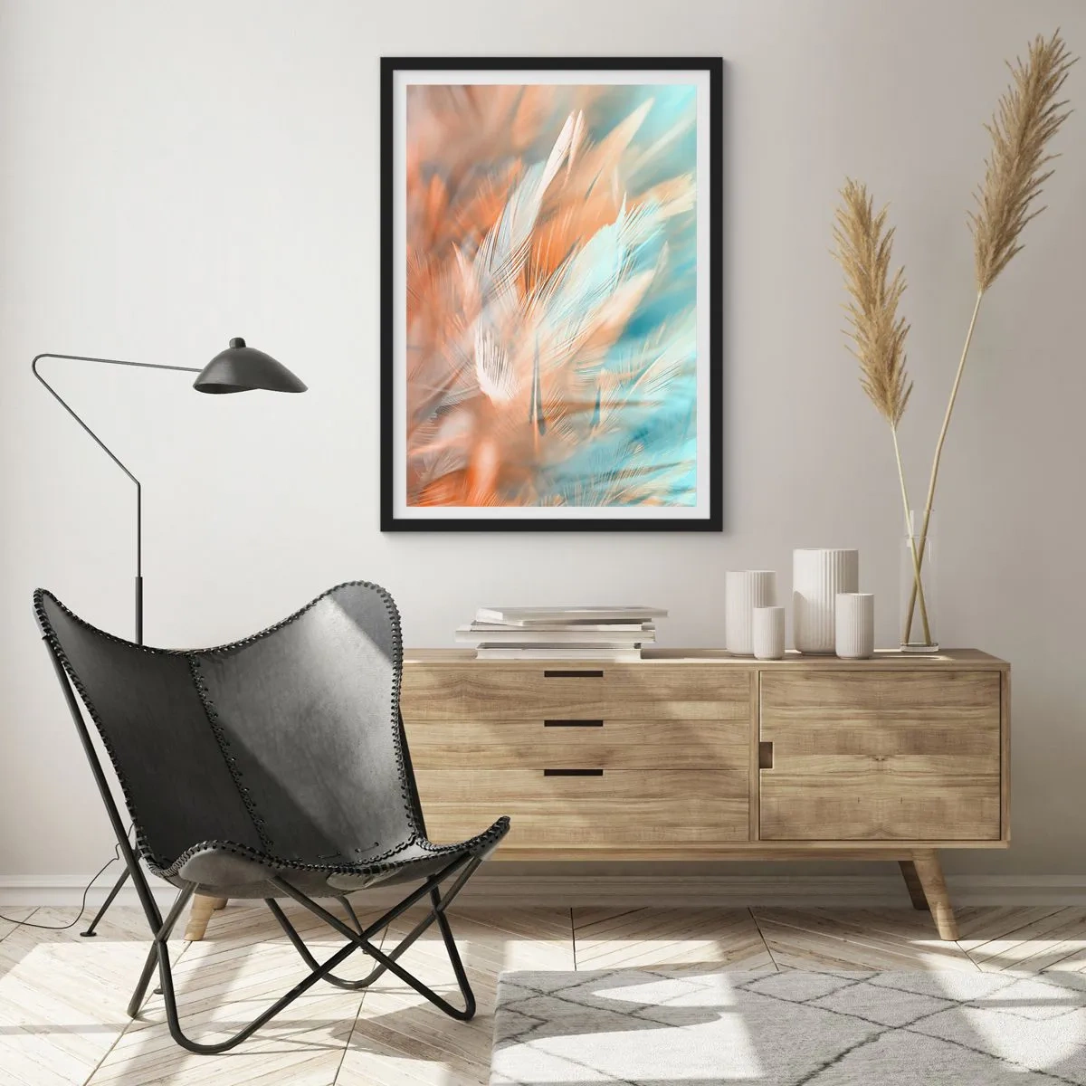 Poster în ramă neagră - Pene delicate în nuanțe de albastru și piersică - 50x70cm - În țara blândeții - Decorațiune modernă pentru perete pentru living și dormitor ARTTOR