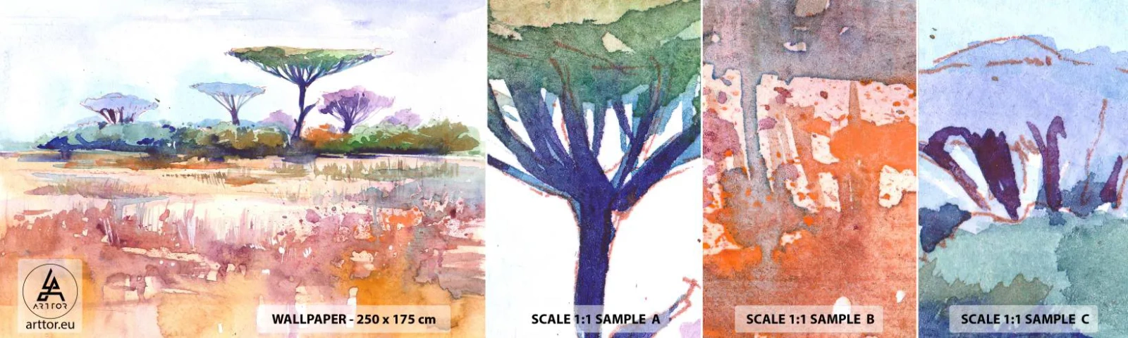 Mostră tapet autocolant Deluxe Sticker - Culorile savanei - Peisaj, Savană, Africa - 100x30 cm