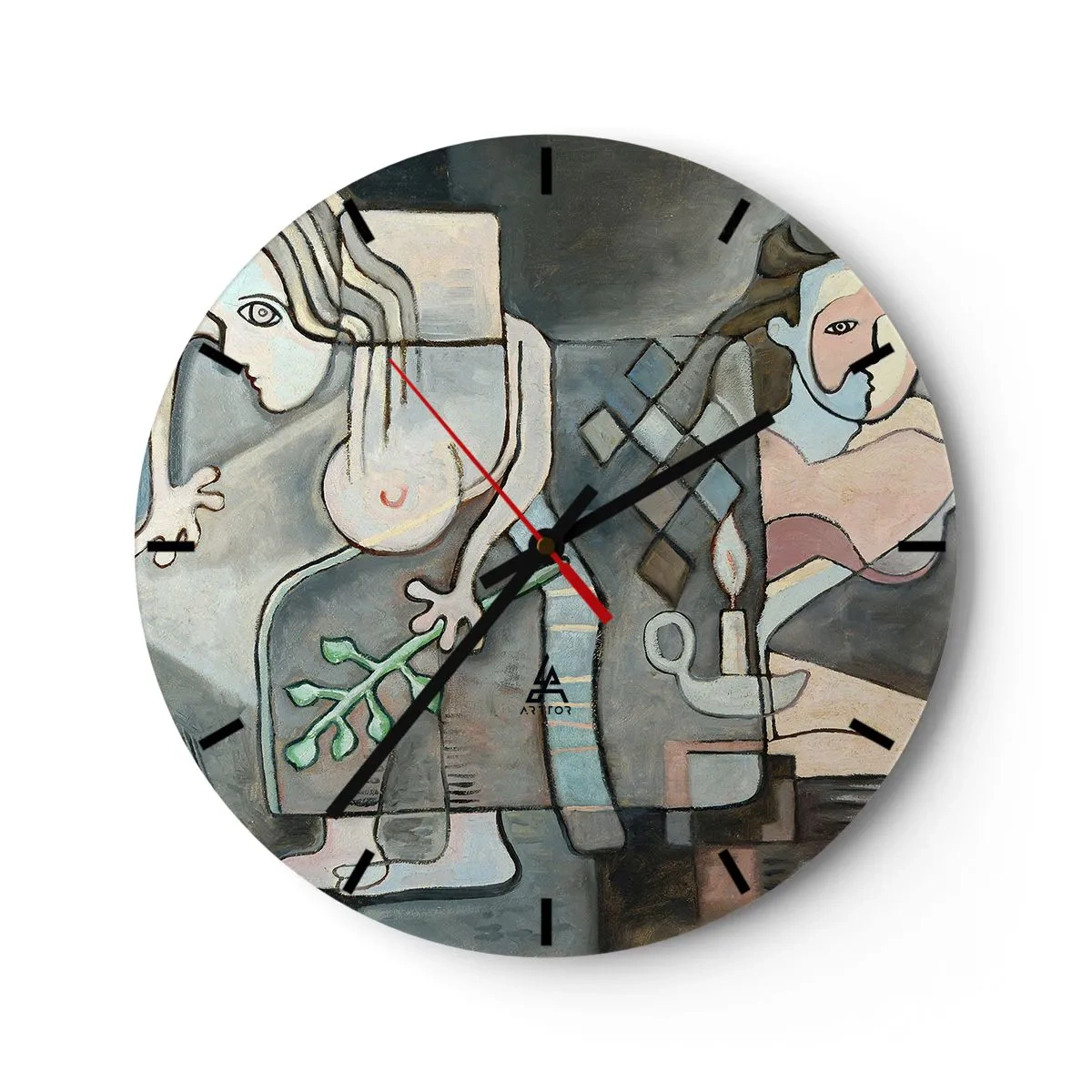 Ceas de perete - Ceas pe sticlă - O compoziție abstractă a două figuri cu elemente de mozaic. - 30x30cm - Un mozaic de spirit și materie - Decorațiune modernă pentru perete pentru living, bucătărie și dormitor ARTTOR
