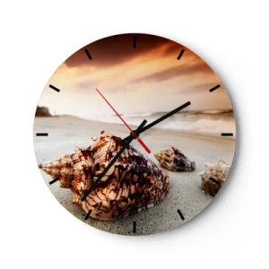 Ceas de perete - Ceas pe sticlă - Scoici pe plajă în razele soarelui care apune - 30x30cm - Exilate de valuri - Decorațiune modernă pentru perete pentru living, bucătărie și dormitor ARTTOR
