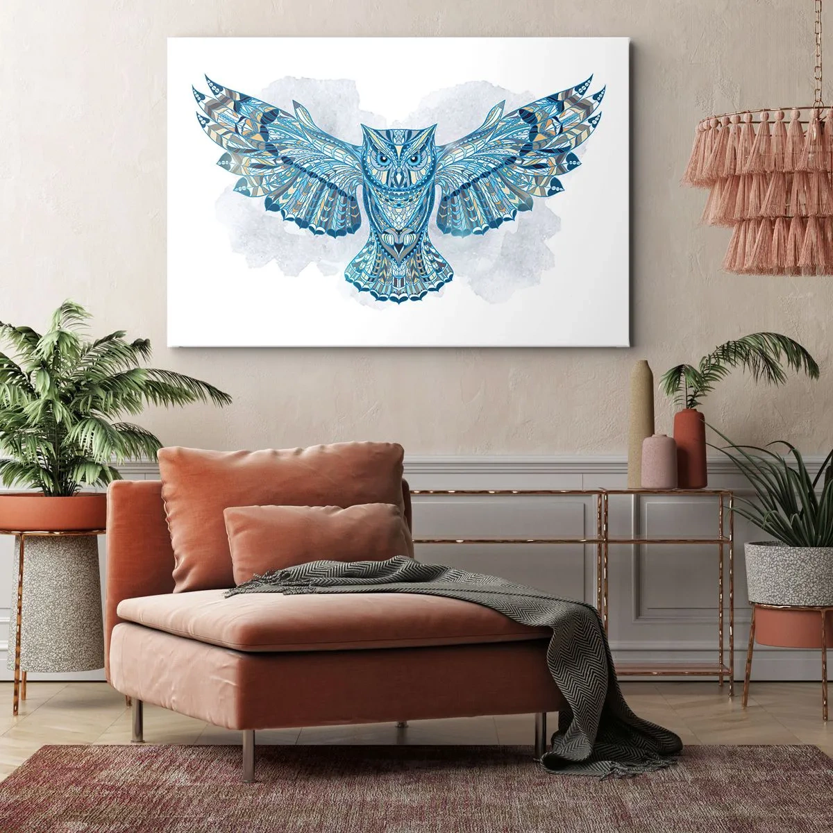 Tablou pe pânză Canvas - Bufniță decorativă în nuanțe de albastru - 70x50cm - Dintr-o pădurice sacră celtică - Decorațiune modernă pentru perete pentru living și dormitor ARTTOR