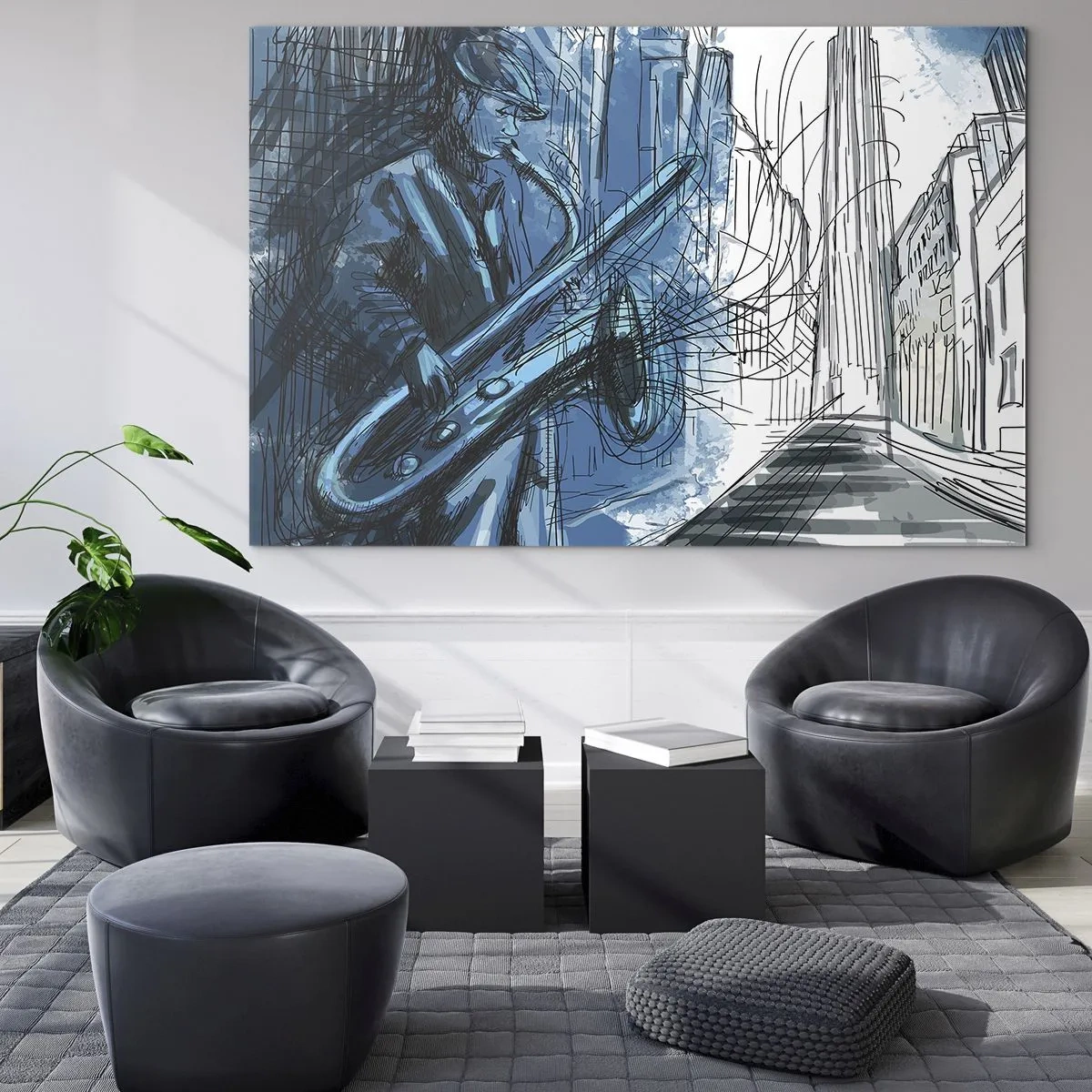Tablou pe sticlă - Saxofonist de jazz într-un cadru urban în nuanțe de albastru - 70x50cm - Rapsodie urbană - Decorațiune modernă pentru perete pentru living și dormitor ARTTOR