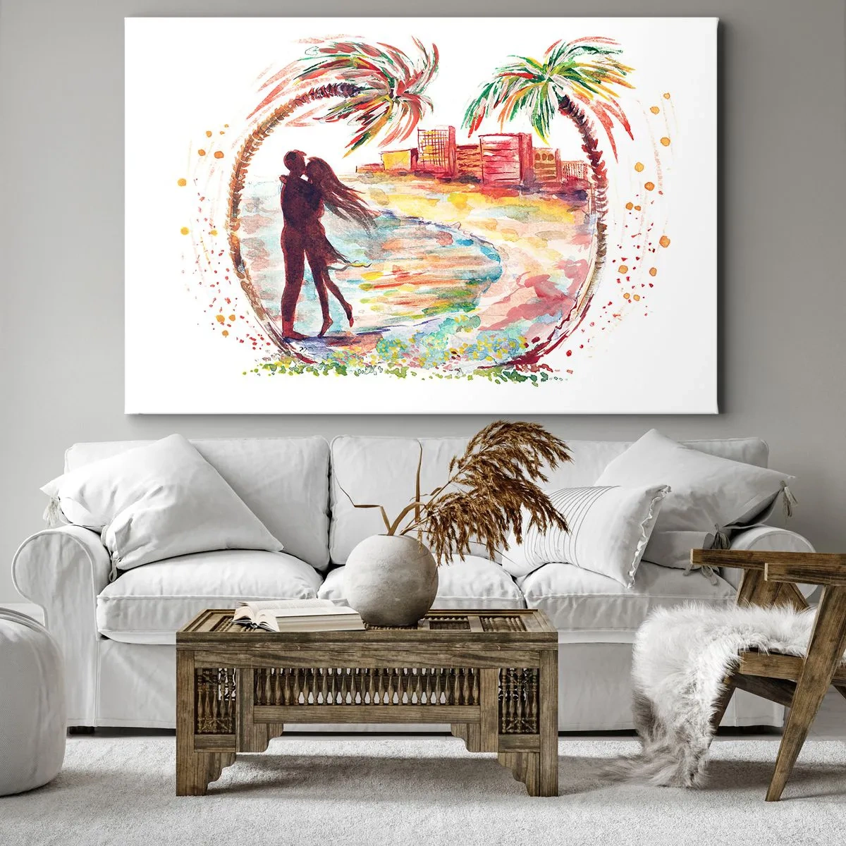 Tablou pe pânză Canvas - Scenă de cuplu romantic pe o plajă cu palmieri în acuarelă - 70x50cm - Vacanța romantică - Decorațiune modernă pentru perete pentru living și dormitor ARTTOR