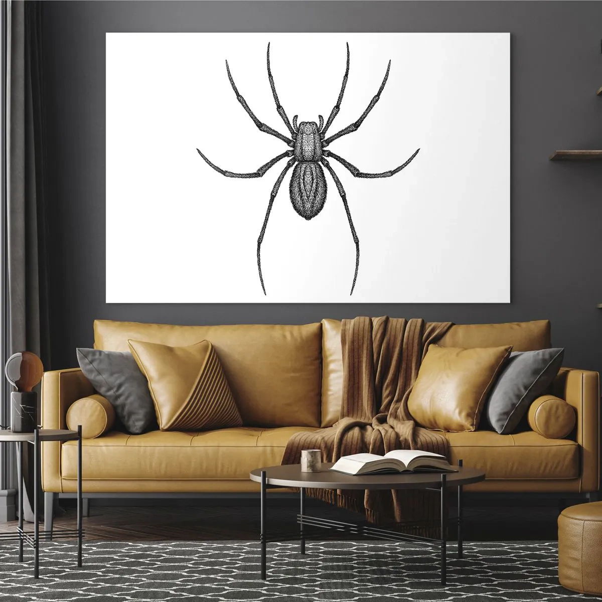 Tablou pe sticlă - Ilustrație în stil retro a unui păianjen negru pe fundal alb - 70x50cm - Precizie tulburătoare - Decorațiune modernă pentru perete pentru living și dormitor ARTTOR