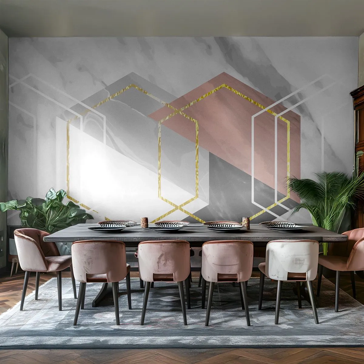 Tapet Standard Eco - Compoziția lanțului - Abstracția, Bucată, Hexagon - 450x315 cm