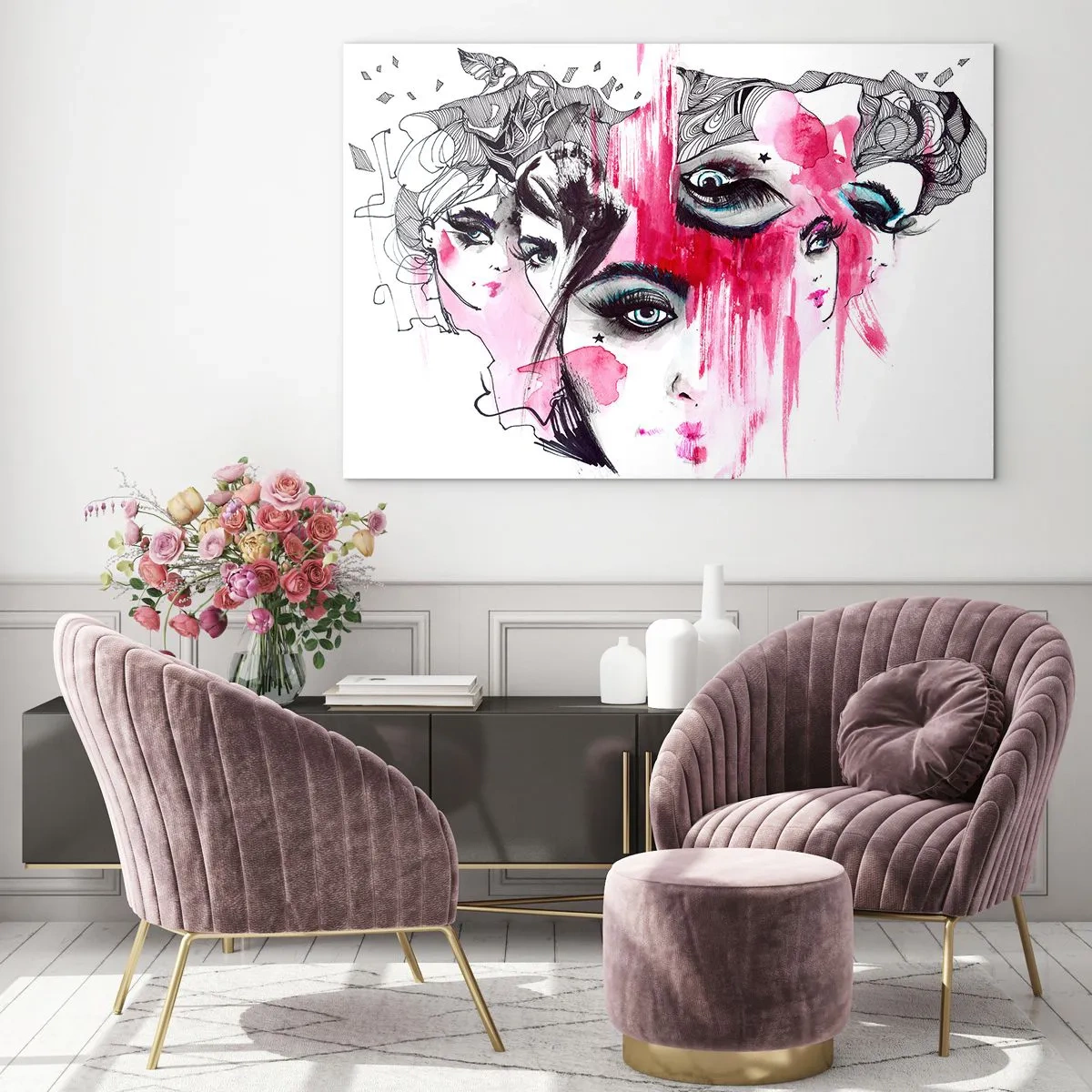 Tablou pe sticlă - Fețe feminine abstracte cu accente roz într-un stil de schiță. - 70x50cm - Ochii abstracți - Decorațiune modernă pentru perete pentru living și dormitor ARTTOR