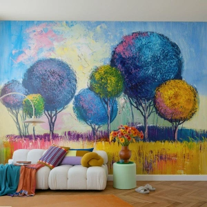 Tapet Standard Eco - Copaci abstracți colorați pe un cer luminos - 100x70cm - Sfera - forma unui ideal - Decorațiune modernă pentru perete pentru living și dormitor ARTTOR