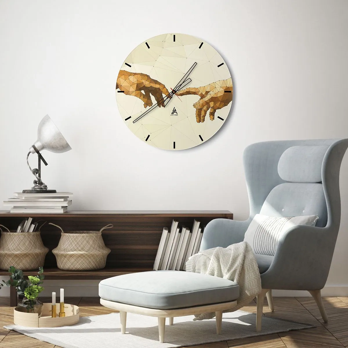 Ceas de perete - Ceas pe sticlă - Două mâini într-un stil geometric cu puncte de conectare - 30x30cm - Geometrie divină - Decorațiune modernă pentru perete pentru living, bucătărie și dormitor ARTTOR
