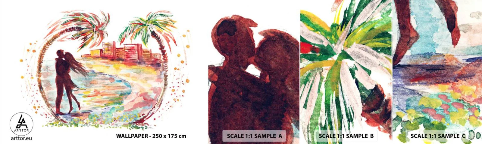 Mostră tapet autocolant Deluxe Sticker - Vacanța romantică - oameni, Palmier de nuca de cocos, plajă - 100x30 cm