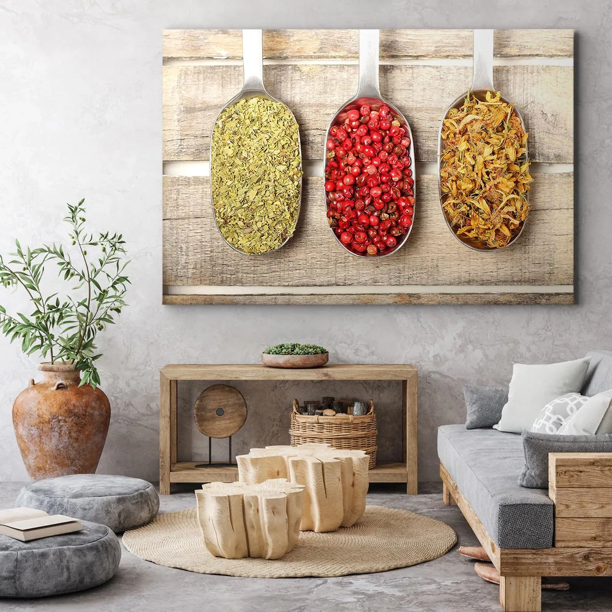 Tablou pe pânză Canvas - Trei linguri metalice cu condimente pe un fundal de lemn - 70x50cm - Magia bucătăriei - Decorațiune modernă pentru perete pentru living și dormitor ARTTOR