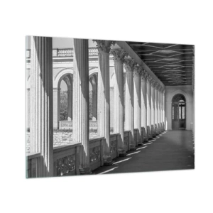 Tablou pe sticlă - O colonadă alb-negru cu un joc ritmic de lumini și umbre - 70x50cm - Arcadă însorită - Decorațiune modernă pentru perete pentru living și dormitor ARTTOR