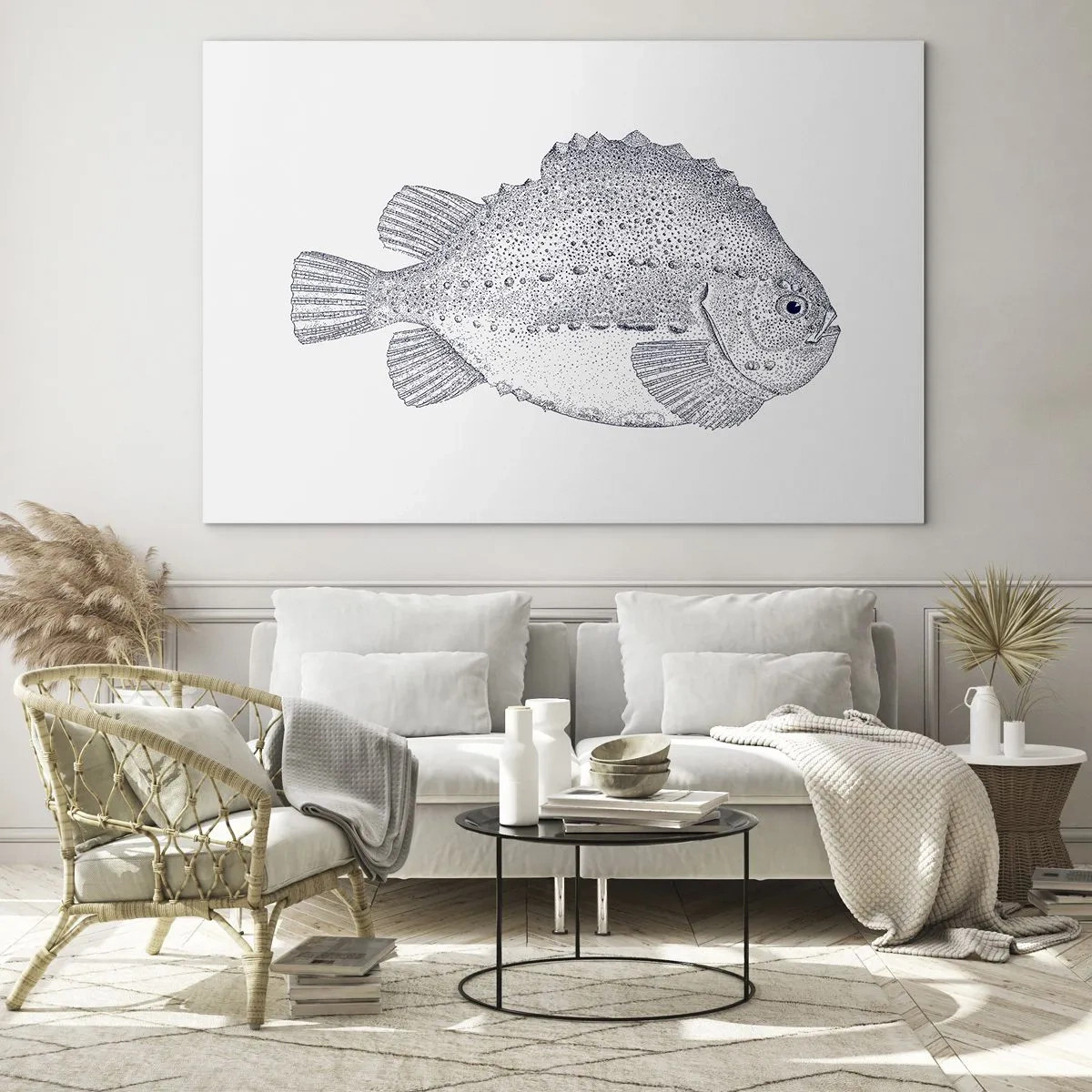 Tablou pe sticlă - Gravură detaliată a unui pește pe fundal alb în stil natural - 70x50cm - Pentru albumul naturalistului - Decorațiune modernă pentru perete pentru living și dormitor ARTTOR