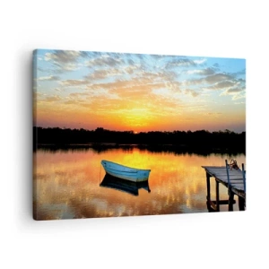 Tablou pe pânză Canvas - O barcă pe un lac liniștit la apusul soarelui - 70x50cm - Privește, ascultă, meditează - Decorațiune modernă pentru perete pentru living și dormitor ARTTOR