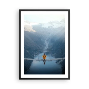 Poster în ramă neagră - O persoană într-o jachetă galbenă așezată pe un pod suspendat peste o vale - 50x70cm - Încântat în suspensie - Decorațiune modernă pentru perete pentru living și dormitor ARTTOR