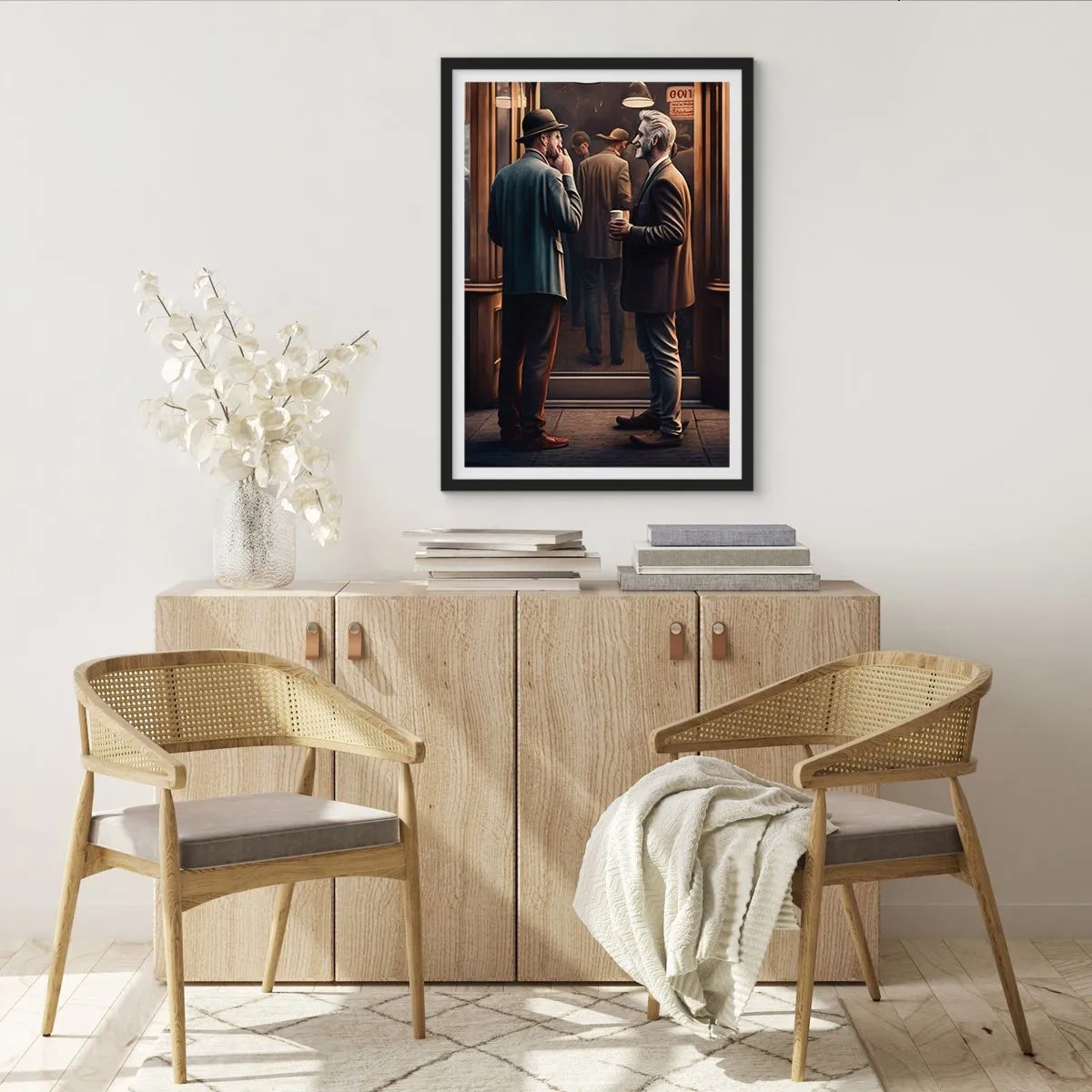 Poster în ramă neagră - Doi bărbați eleganți care vorbesc în fața unei cafenele - 50x70cm - Cel mai bun moment al zilei - Decorațiune modernă pentru perete pentru living și dormitor ARTTOR