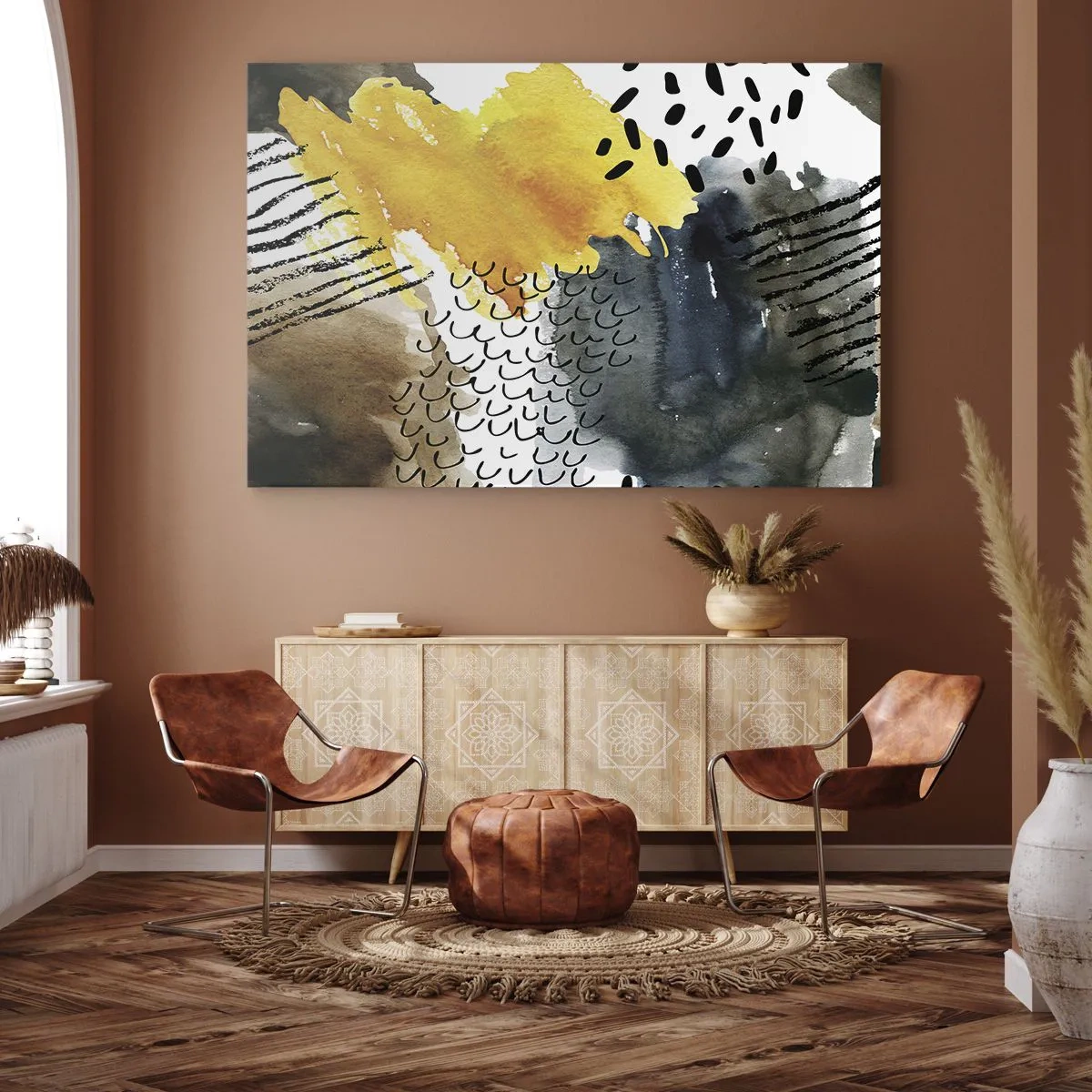 Tablou pe pânză Canvas - O compoziție abstractă cu accente galbene și modele grafice. - 70x50cm - O întâlnire a elementelor - Decorațiune modernă pentru perete pentru living și dormitor ARTTOR