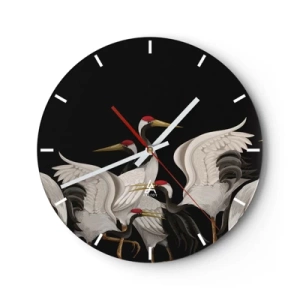 Ceas de perete - Ceas pe sticlă - Un grup de macarale pe fundal negru într-o ilustrație stilizată - 30x30cm - Problemele importante ale păsărilor - Decorațiune modernă pentru perete pentru living, bucătărie și dormitor ARTTOR