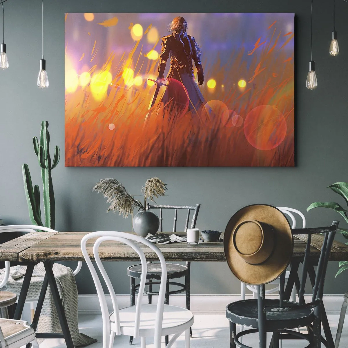 Tablou pe pânză Canvas - Figura unui cavaler în lumina soarelui care apune pe un câmp - 70x50cm - Cavalerul greșit - Decorațiune modernă pentru perete pentru living și dormitor ARTTOR