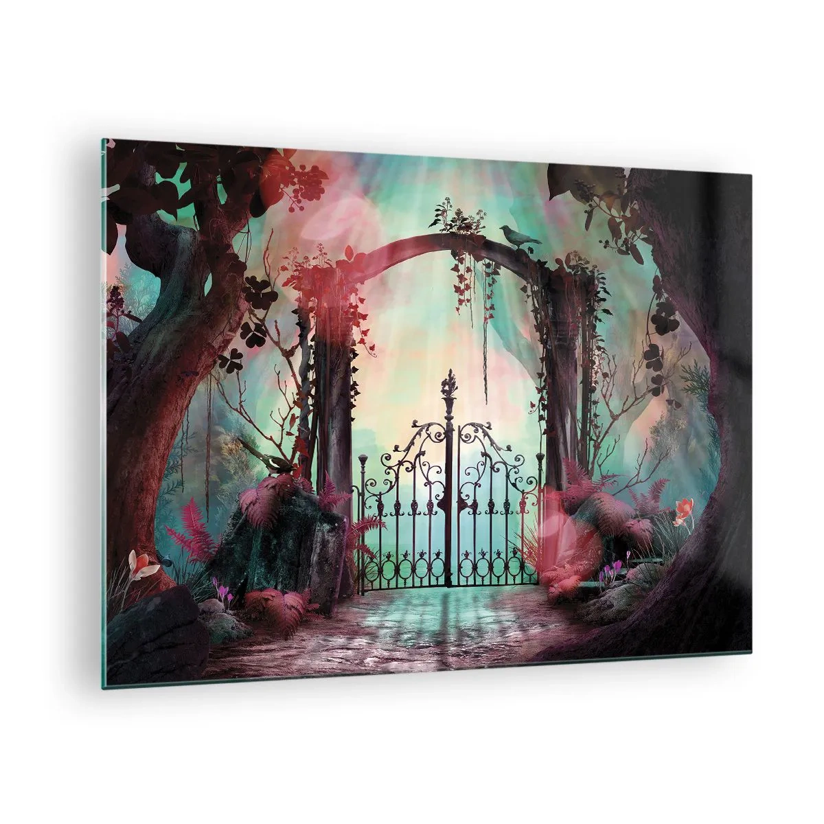 Tablou pe sticlă - Porți magice într-o pădure de basm - 70x50cm - Grădina secretă - Decorațiune modernă pentru perete pentru living și dormitor ARTTOR