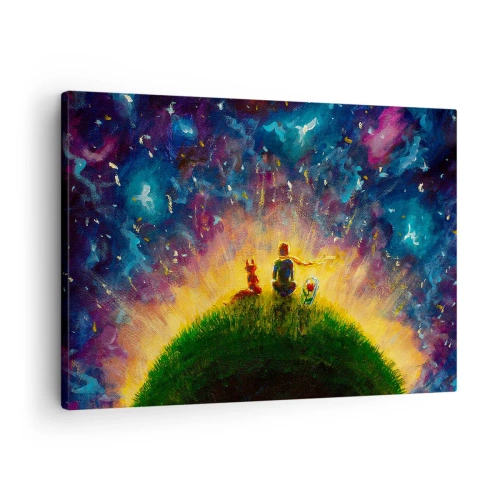 Tablou pe pânză Canvas - Figuri pe un deal verde înconjurat de un cer înstelat - 70x50cm - Dragoste și prietenie - întreaga lume - Decorațiune modernă pentru perete pentru living și dormitor ARTTOR