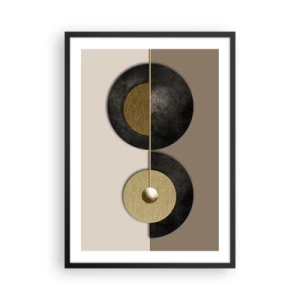 Poster în ramă neagră - Abstracție modernă cu accente geometrice aurii - 50x70cm - Variații în jurul unui cerc - Decorațiune modernă pentru perete pentru living și dormitor ARTTOR