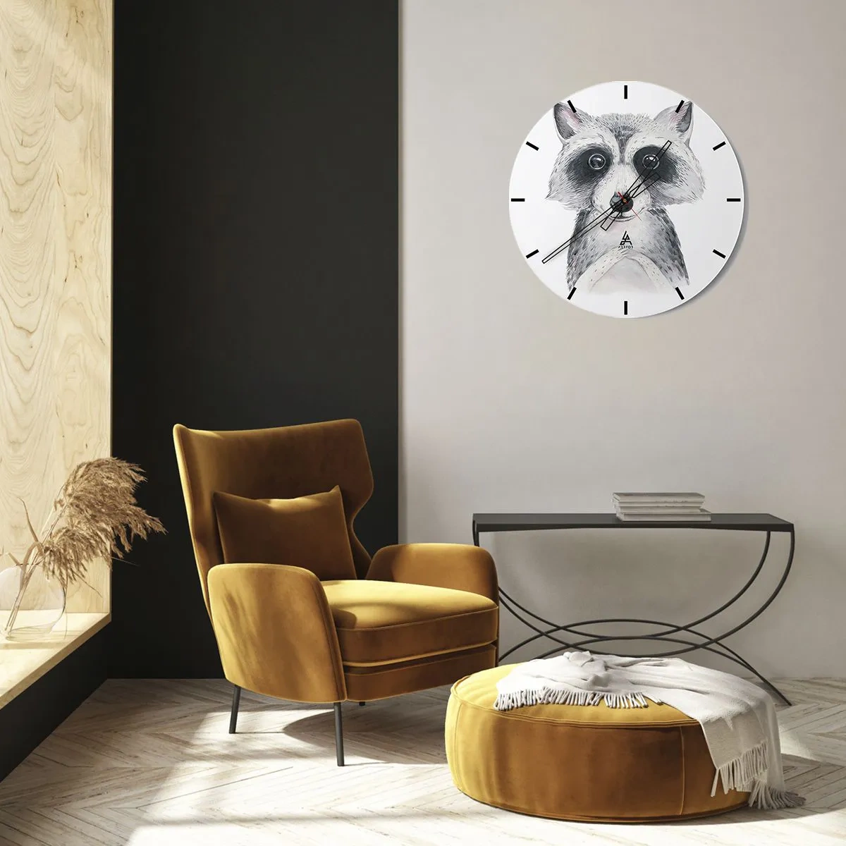 Ceas de perete - Ceas pe sticlă - Un raton drăguț desenat în alb și negru - 30x30cm - Un moment pentru emoții - Decorațiune modernă pentru perete pentru living, bucătărie și dormitor ARTTOR