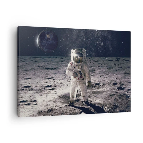 Tablou pe pânză Canvas - Astronautul pe suprafața Lunii cu Pământul în fundal - 70x50cm - Salutări de pe Lună - Decorațiune modernă pentru perete pentru living și dormitor ARTTOR