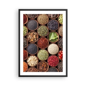 Poster în ramă neagră - Condimente colorate în boluri mici de lemn - 50x70cm - Toate gusturile lumii - Decorațiune modernă pentru perete pentru living și dormitor ARTTOR