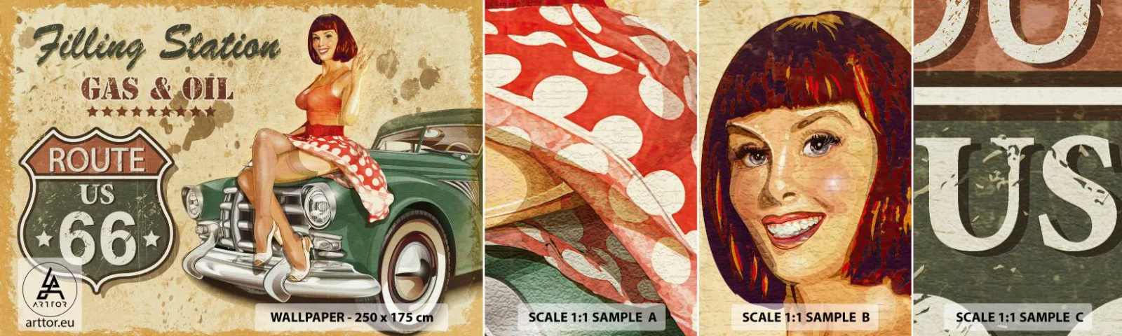 Mostră tapet autocolant Deluxe Sticker - Extraordinari ani '40. - Ruta 66, Mașină, Automobile - 100x30 cm