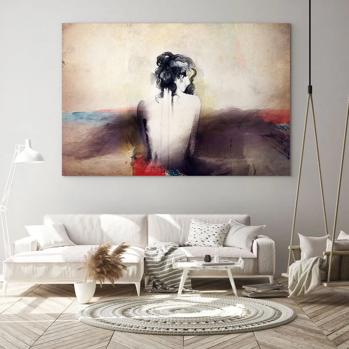 Tablou pe sticlă - Un portret subtil al unei femei pe un fundal de peisaj pastelat. - 70x50cm - Linii moi, forme ovale - Decorațiune modernă pentru perete pentru living și dormitor ARTTOR
