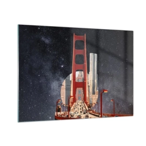 Tablou pe sticlă - Pod și zgârie-nori într-un fundal suprarealist de galaxie - 70x50cm - Întotdeauna în centru - Decorațiune modernă pentru perete pentru living și dormitor ARTTOR