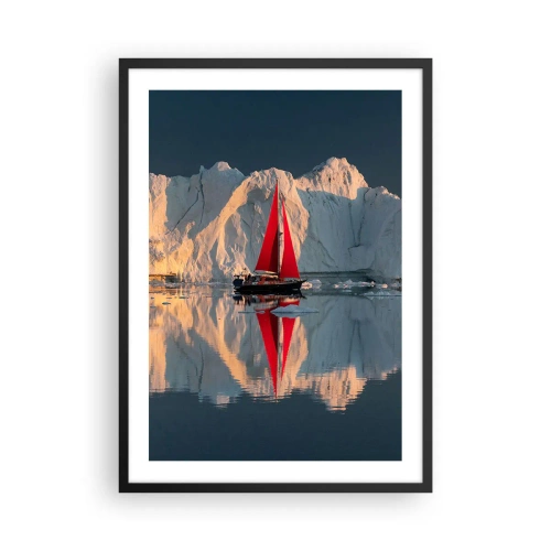 Poster în ramă neagră - Vela roșie a unei bărci pe fundalul ghețarilor și al apelor calme - 50x70cm - La capătul lumii - Decorațiune modernă pentru perete pentru living și dormitor ARTTOR