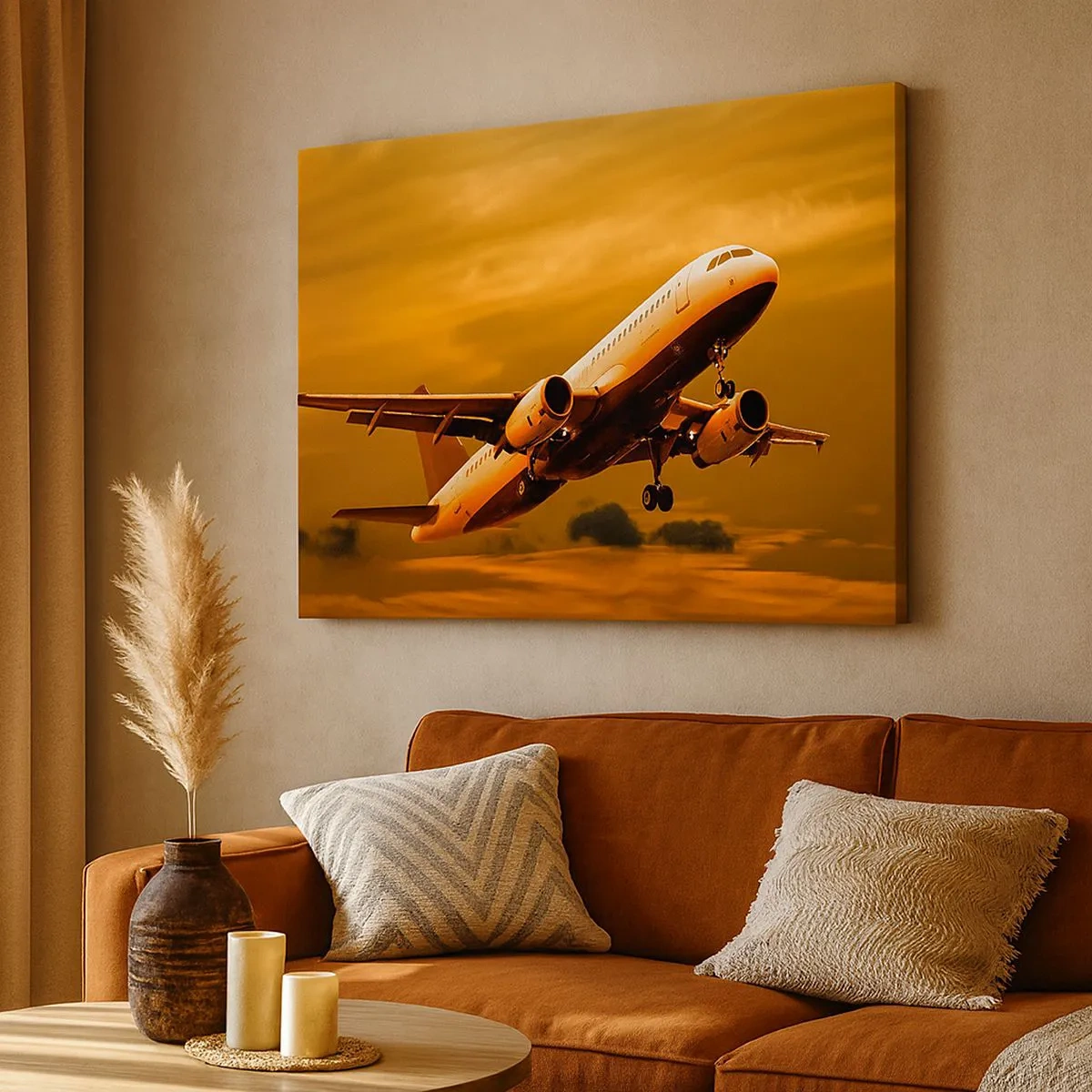 Tablou pe pânză Canvas - Un avion de pasageri decolează pe un cer auriu al apusului. - 70x50cm - Zbor spre soare - Decorațiune modernă pentru perete pentru living și dormitor ARTTOR