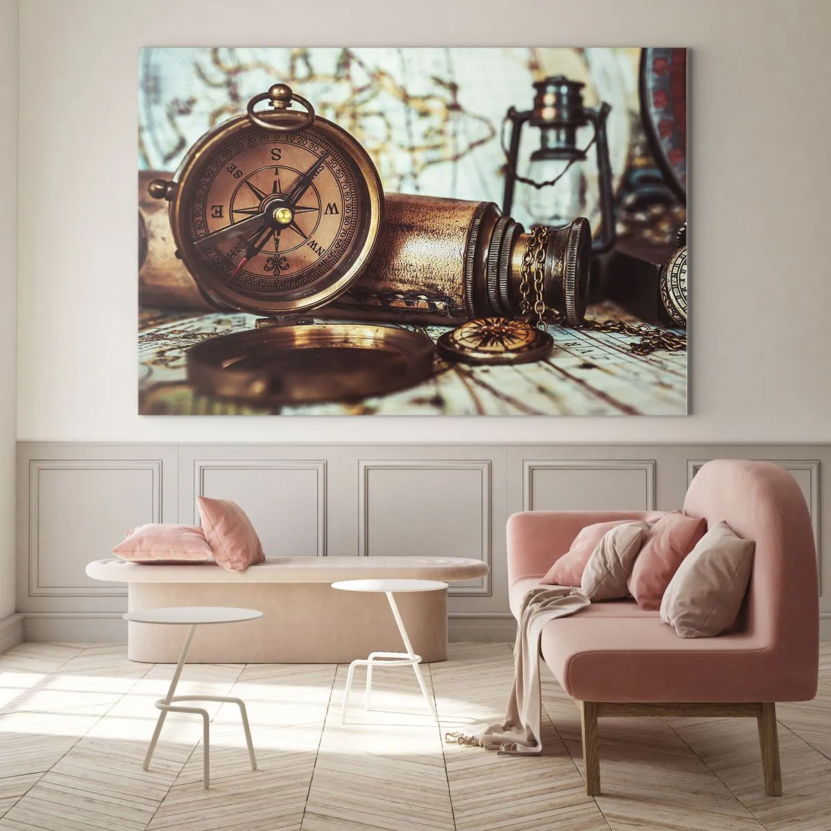 Tablou pe sticlă - O busolă și o hartă antice pe fundalul aventurilor piraților - 70x50cm - Te așteaptă o aventură cu pirați în Caraibe - Decorațiune modernă pentru perete pentru living și dormitor ARTTOR